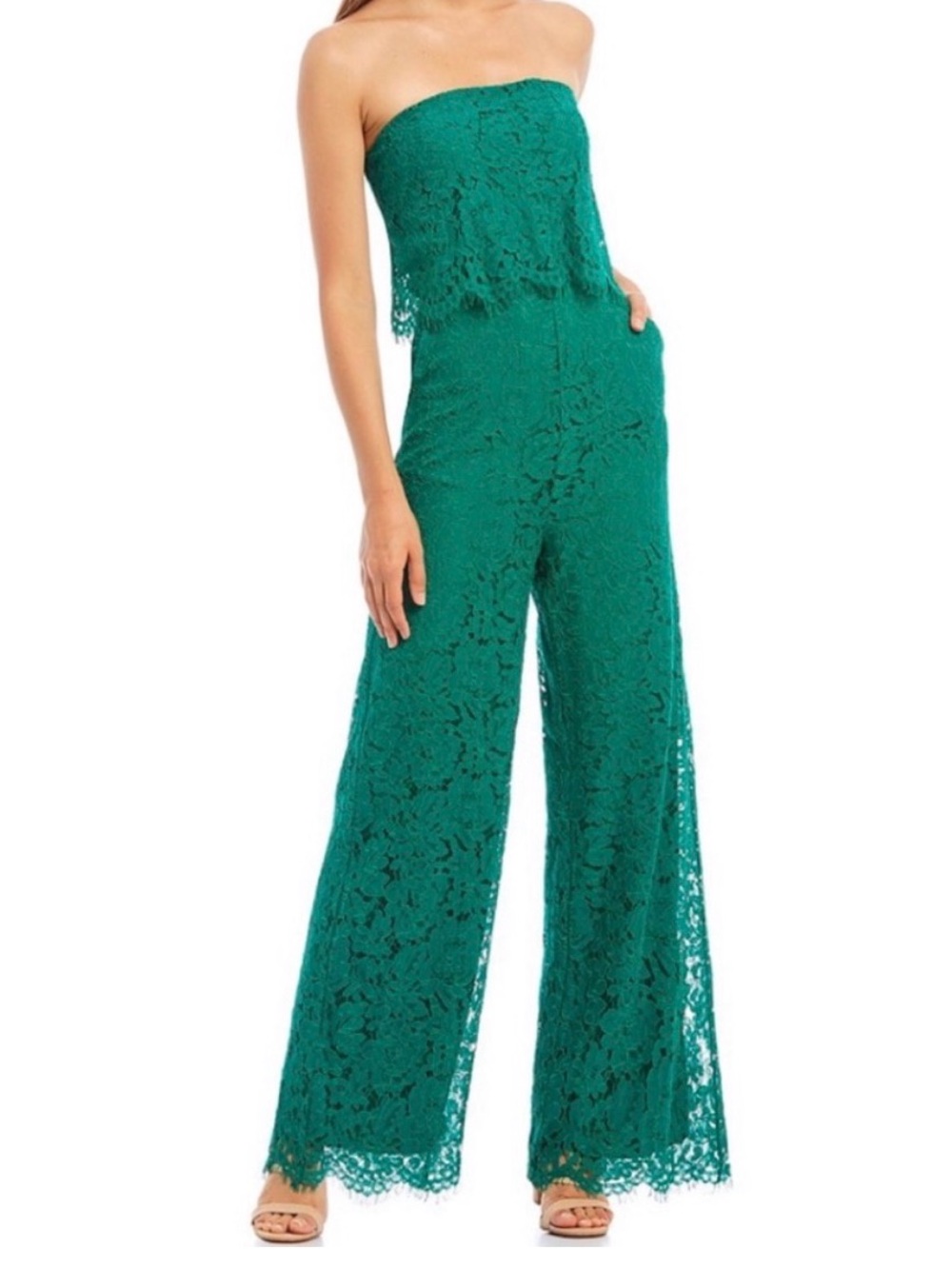 Sugarlips Strapless Lace Wide-Leg Jumpsuit - Teal Green